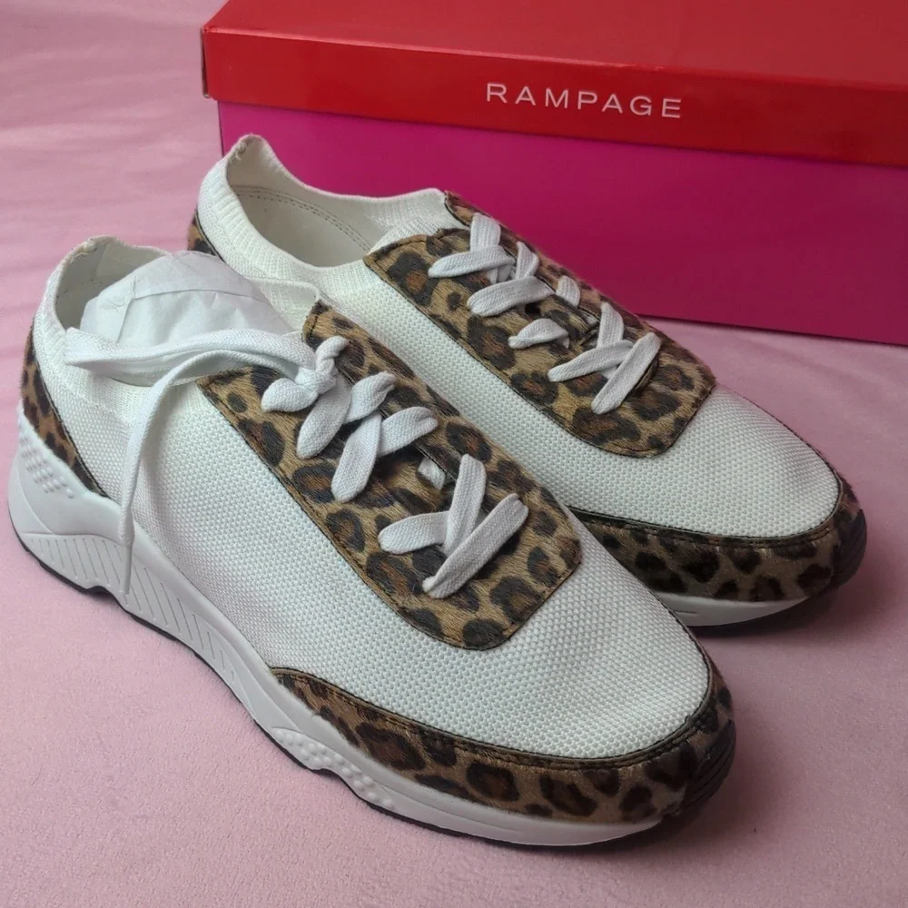 Rampage Raine Knit and Calf Hair White and Leopard Print Sneakers
